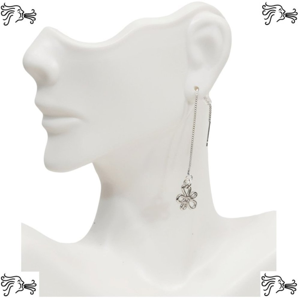 Threader Chain Earrings Open Flower Charm on Silver or Gold